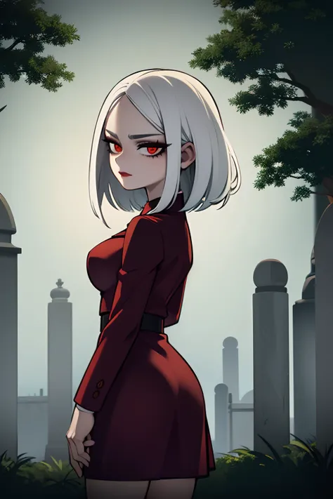 Rapariga, cabelos pretos, pale skin, red lips, cara triste, in a graveyard, night, emo artstyle, usando um vestido branco senhora vitoriana, dark circles, 4k