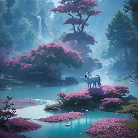 New Oriental Philosophy，Surrealist abstract landscape style，air brush art，Blue and reddish，Chinese contemporary art，Beautiful and unique unicorn，Surrealist details，Marvellous colorful forest，Octane rendering，Ultra-detailed -- ar 66:83--q 2--v 5.1--Original...