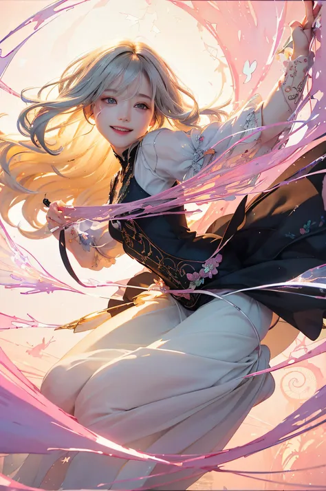 （Write）、（Viola、amarelo）、Spark、fantasy creature, Intricate details, Painting, watercolor paiting,Loose fluffy、long curled silver hair、Black Dress、Dutch Angle,Good anatomy,Dynamic Pose, actionpose, open pose, Dynamic Angle,(Evere_Smile:1.2), Detailed layered...