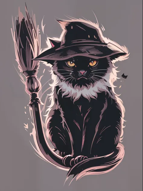 printable t-shirt vector of image of black cat with a broomstick in his hand dark style, drawn art style image, image with white background, black and white toned image