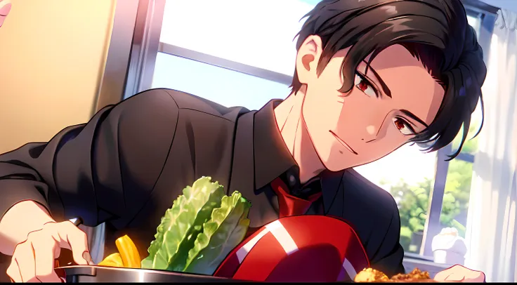 masterpiece, (1man), (mature male), luci, red eyes, black hair, (wearing red apron), (black shirt), (red necktie), kitchen backg...