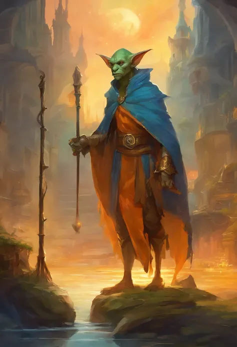 goblin with orange skin, busy swamp city background, smoking a pibe, beautiful lavish blue robe like a magister