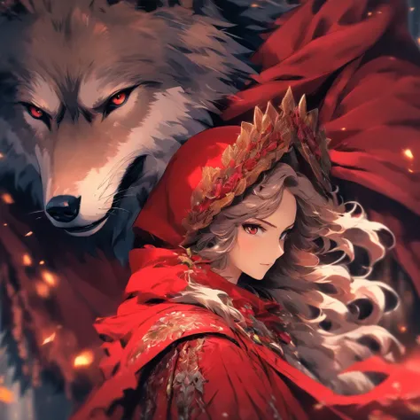 A girl in a red cloak and a wolf stand side by side, Chapeuzinho Vermelho, vestido com uma bela joia vermelha manto trabalhado, estilo anime 4K, Kawacy, circunstanciado, arte conceitual, pintura digital,