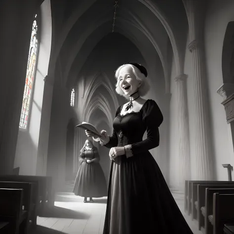 an old woman with the bearing of a madame in a velvet dress laughing wickedly with black eyes and lights and shadows in all art with a background of a Gothic interior church, lo gothic