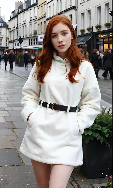 Hyper realistic 23 year old redhead girl of Irish origin with freckles in selfie mode for Instagram dressed Snapchat influencer Full photo of London dressed winter in France