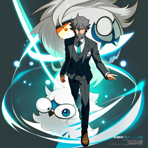 like a male professor in pokemon anime and your name. See pokemon anime style full body and your name, gray hair, bearded, cartoon, shinkai makoto anime, already , Research Laboratory, gray hair with a beard