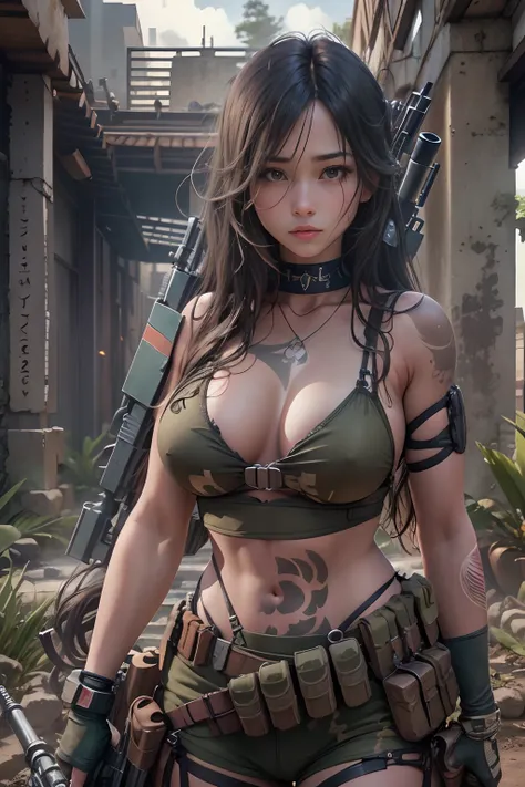 Unreal Engine:1.4,Ultra-realistic 64K CG, Photorealista:1.4, Skin Texture:1.4, Top 1 girls in bikinis ,Gatling gun, Shell casing, Looking at Viewer, Bangs, ammunition belt, gloves,Saggy breasts,opening fire,in the picture, Beautiful girl in bikini with Jap...