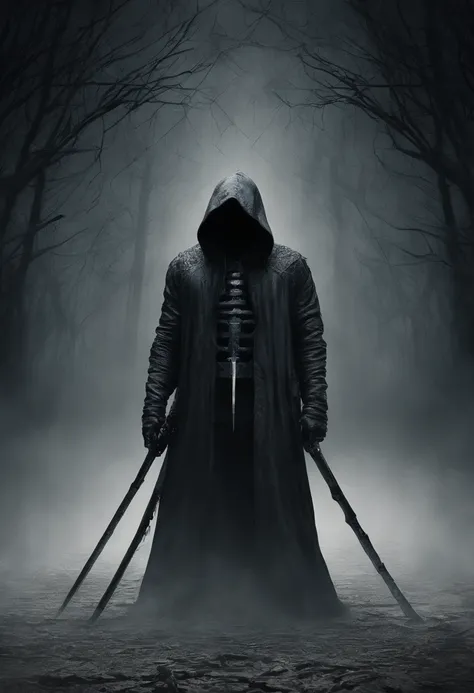 Create a frighteningly detailed and realistic depiction of the hooded figure of Death. The scene is expected to feature a black silhouette with a skull on a face and a skeletal hand holding a menacing sickle. Esta figura sinistra deve ter como pano de fund...