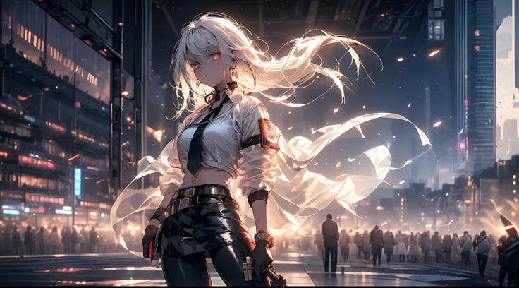 1girl, medium plan, (white colored hair, Medium Hair, Average Breasts, red eyes), perfect anatomy, City, Cyberpunk style, ((white  shirt, black jacket, black skirt, bellybutton, belt, black gloves, neck tie, Wristwatch, earings, See through black leggings)...