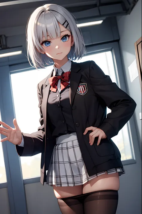 (absurdres, highres, ultra detailed, high resolution: 1.1)
BREAK
1 girl, solo, medium breasts,
BREAK
silver hair, short hair, blunt bangs, blue eyes, hairclip,
BREAK
school uniform (black jacket, open jacket, red bowtie, white shirt, black skirt, plaid ski...