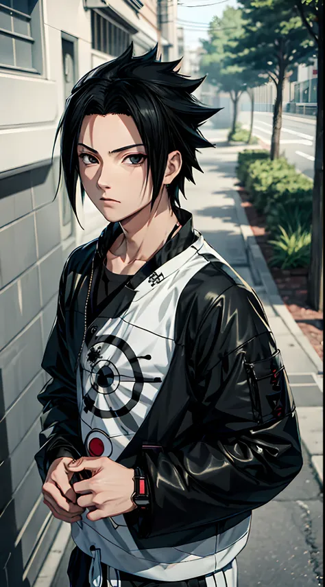 masterpiece, 1boy, superb style, urban streetwear chothes, outdoor, upper body, uchiha sasuke, bright eyes, black hair, cool boy