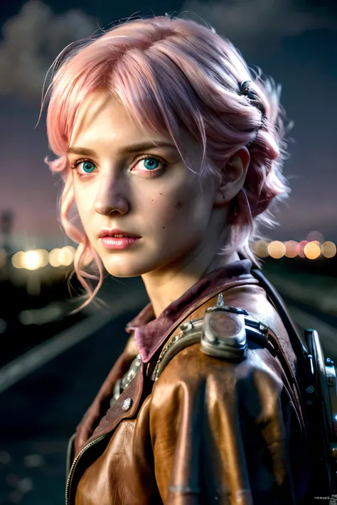 masterpiece, ultra detailed, 8K, Raw photo, Realistic light, Cinematic composition, skyscape with clouds,  full colours nightfall, depth of field, 35 mm, postapocalyptic aura, steampunk aesthetic, 18 years old cute woman, on the ruined street, (torn dirty ...