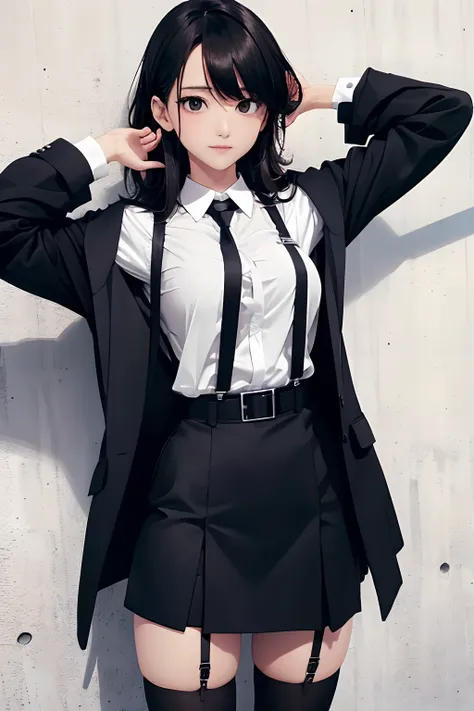 Suit,Collared shirt,Belt bag,Suspenders black mini skirt　garterbelts　knee high　Stockings　Black Niso　Colorcon armpit sweat　perspiring　Side of both hands,Black jacket,Gaze,ample bosom,Armpit sweat,Exposing the armpits"Pichi Pichi clothes