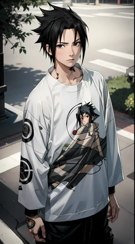 masterpiece, 1boy, superb style, urban streetwear chothes, outdoor, upper body, uchiha sasuke, bright eyes, black hair, cool boy