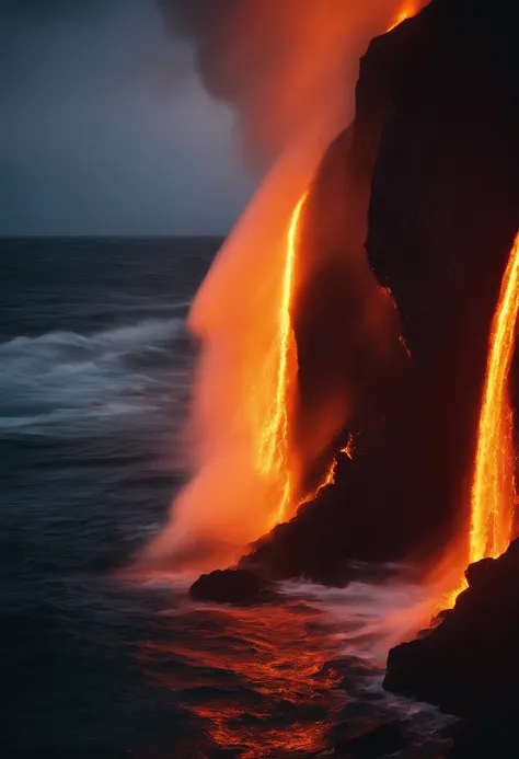 A raging sea of flame, fiery waves crashing against obsidian cliffs, molten lava spewing into the turbulent waters, a desolate and ominous atmosphere, Photography, shot with a telephoto lens, f/2.8 for shallow depth of field, --ar 16:9 --v 5