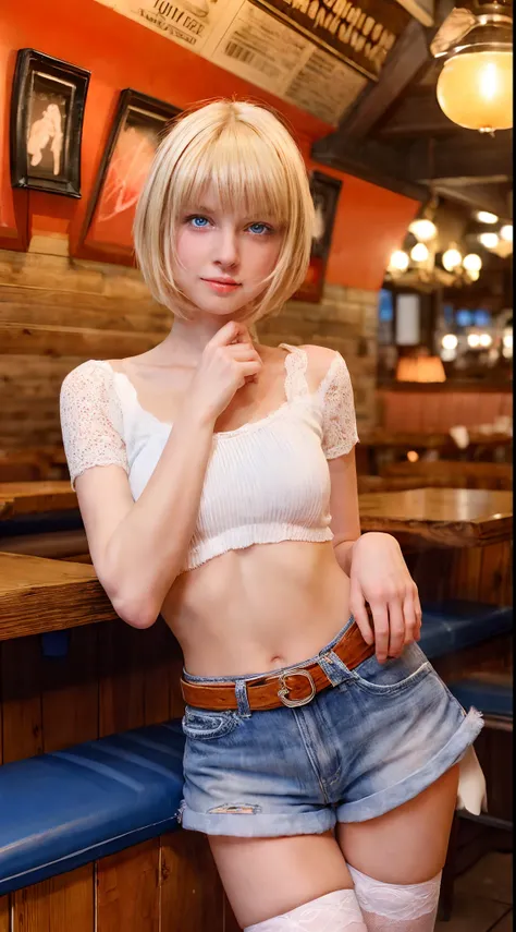 (masterpiece, best quality:1.2), cowboy shot, solo, 1girl, blonde short hair, skinny, in a restaurant, leaning against counter, orange short shorts, white thigh high socks, white crop top, shy, feminine, blue eyes, small chest, blushing, korean girl, pale ...