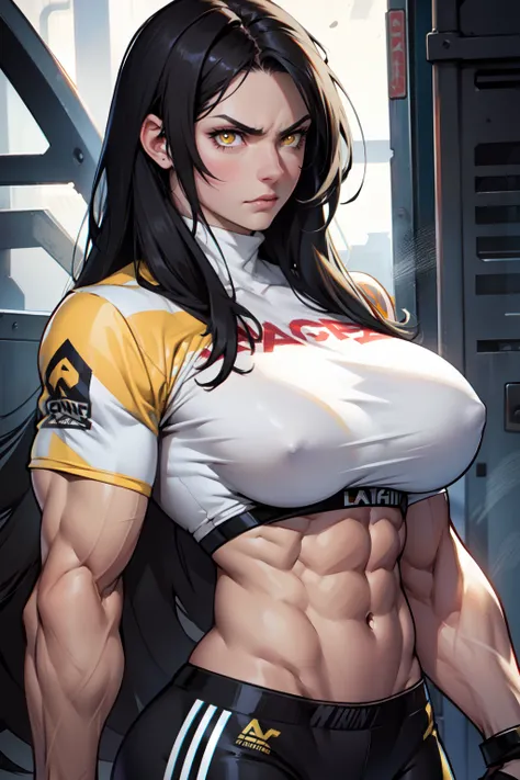 1girl black hair yellow eyes very long hair pale skin angry bodybuilder huge breasts muscular toned body long abs