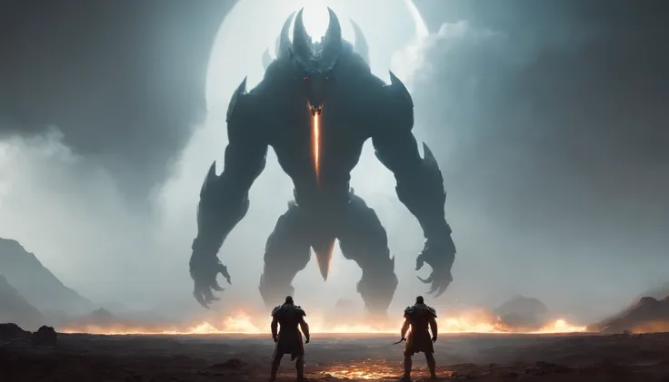 two warriors silhouettes standing in front of a massive [three-headed Cerberus] aggressively standing 100feet tall, located in a battlefield , concept art wallpaper 4k, sci-fi fantasy wallpaper, sci fi artwork, detailed sci-fi art, beautiful sci fi art, sp...