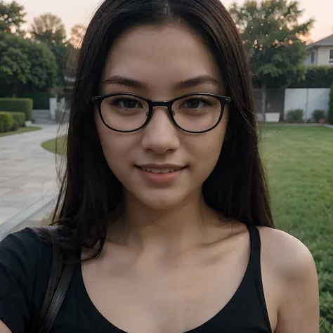 Very young female, half chinese, small slit-eyed, glasses, black hair, flawless white skin, long hair, photorealistic, best quality, hyper detailed, middle school student, beautiful woman, selfie photo, upper body, solo, wearing black clothes, smiling at g...