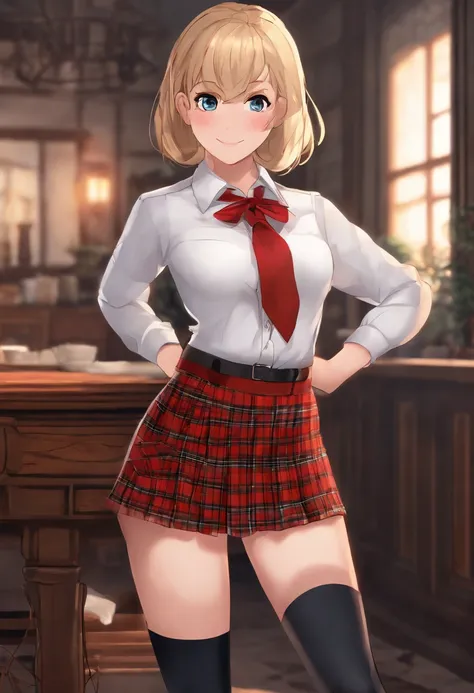 Amelia Watson, 1girl, blonde hair, Short hair, black tights, ssmile, Ultra Detailed, 8K, Masterpiece, detailed legs, Average Breasts, amelia_detective, collared shirt, red necktie, plaid skirt, thighhighs