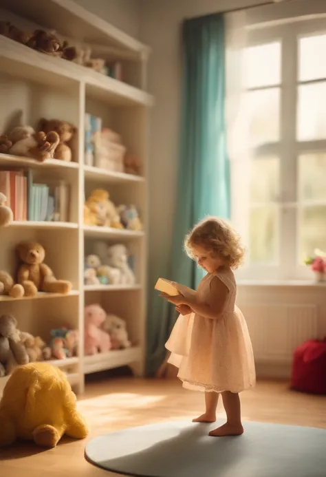 (((Best quality))), High detail, profondeur de champ, Foyer: 1.2, (Best quality, 8k, Masterpiece: 1.3),A 3-year-old girl with curly blonde hair, Dressed in a light dress, jouant joyeusement dans sa chambre lumineuse. Autour delle, A colourful carpet dotted...