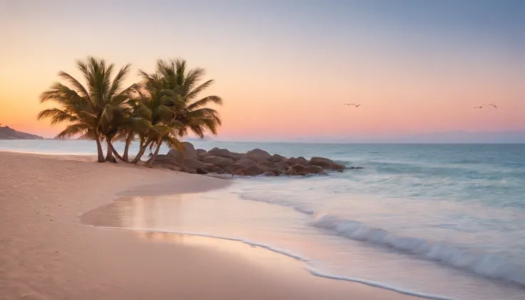 An image of a peaceful sunrise on a deserted beach, with gentle waves rolling onto the shore, golden sunlight illuminating the sand and creating a warm, enchanting atmosphere. The beach is surrounded by palm trees swaying in the breeze, their leaves rustli...