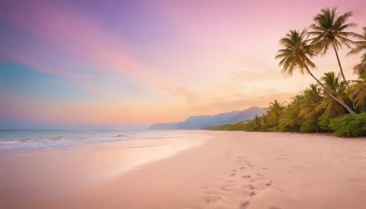 An image of a peaceful sunrise on a deserted beach, with gentle waves rolling onto the shore, golden sunlight illuminating the sand and creating a warm, enchanting atmosphere. The beach is surrounded by palm trees swaying in the breeze, their leaves rustli...