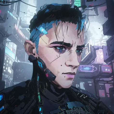 Theres a man with a mobile phone to his ear, Retrato de um homem cyberpunk, estilo cyberpunk hiper-realista, cara cyberpunk, retrato cyberpunk, cara cyberpunk, no estilo cyberpunk, estilo cyberpunk ， hiper-realista, Retrato de um ciborgue cyberpunk, Cyberp...