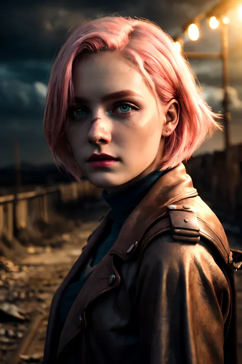 masterpiece, ultra detailed, 8K, Raw photo, Realistic light, Cinematic composition, skyscape with clouds,  full colours nightfall, depth of field, 35 mm, postapocalyptic aura, steampunk aesthetic, 18 years old cute woman, on the ruined street, (torn dirty ...