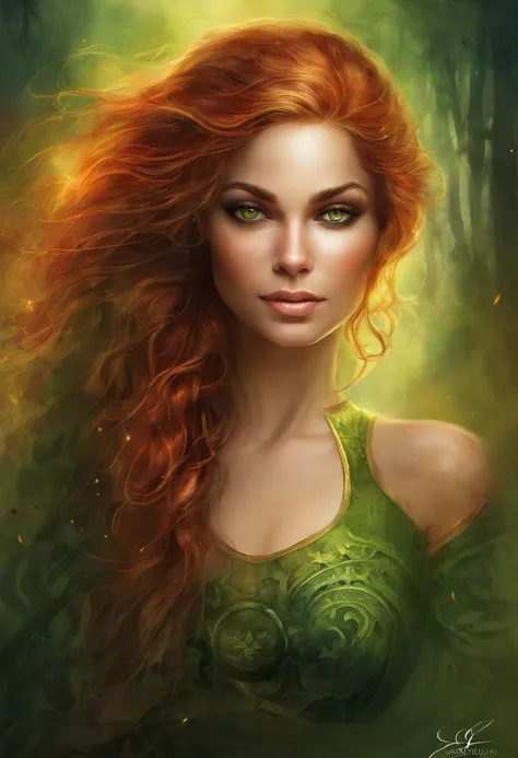 (Masterpiece, Top Quality, Best Quality, official arts, beautiful and aesthetic:1.2), Girl, Detailed Face, Long curly scarlet hair, Green eyes, full - body, green shirt, corset, celestial, hunter, extremely beautiful, higly detailed, (Fire in the backgroun...