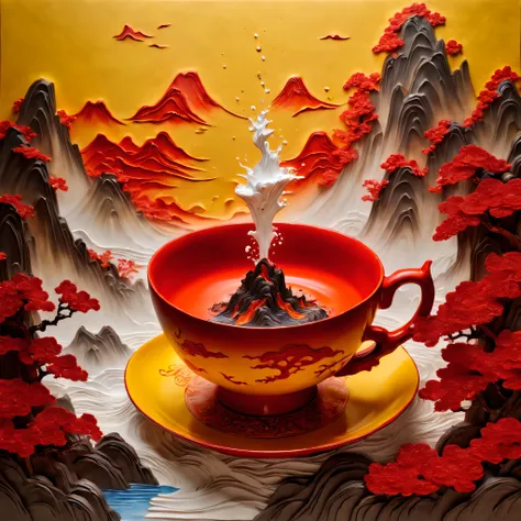 (Masterpiece, High quality, Best quality, offcial art, Beauty and aesthetics: 1.2), teacup, (The volcano erupts red magma),Surrounded by yellow rocks, Splash spray, (Chinese landscape paper carving, Chinese landscape painting of the Song Dynasty: 1.2), (Su...