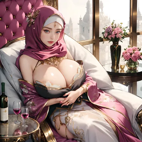 (beautifull lady with gigantic breast, wear detail luxury hijab, elegantly sit on luxury chair, hand holding breast, luxury pillow), (luxury blanket), (window with luxury frame), (luxury flower vase), (luxury small table and glass of wine), (luxury lamp), ...