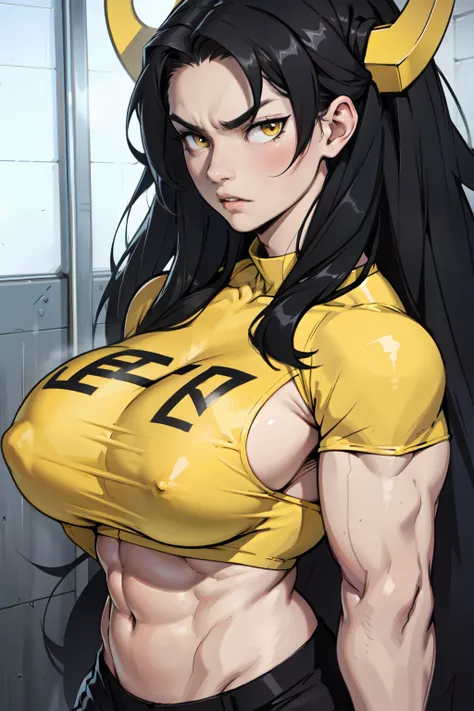 1girl black hair yellow eyes very long hair pale skin angry bodybuilder huge breasts muscular toned body close up