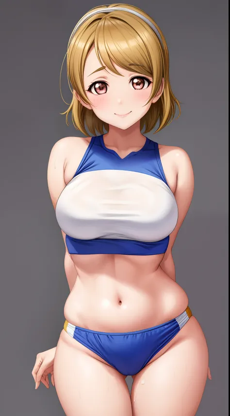 Koizumi hanayo, bangs, beautiful, beautiful woman, perfect body, buruma ,brm,crop top, curvy body, a slight smile, sweating, masterpiece, super detailed, high detail, high quality, best quality, 1080p, 16,  wedgie