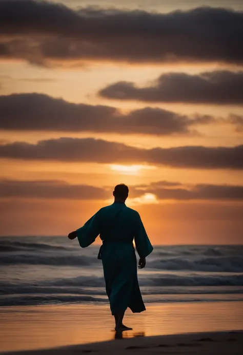 The vast sky, grande mar, efeitos visuais em movimento, Colorful natural light and a man wearing a one-piece robe with a scupper slung over his shoulder, podem ser vistos ao longe no meio do mar, cidade ao fundo da imagem, menina olhando a pesca da praia.