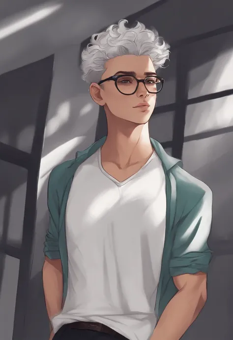 A drawing of a person with glasses and no naughty shirt, na academia, inspirado em Killua Zoldyck, fazendo agachamento e suando muito, com cabelo curto e com musculos definidos