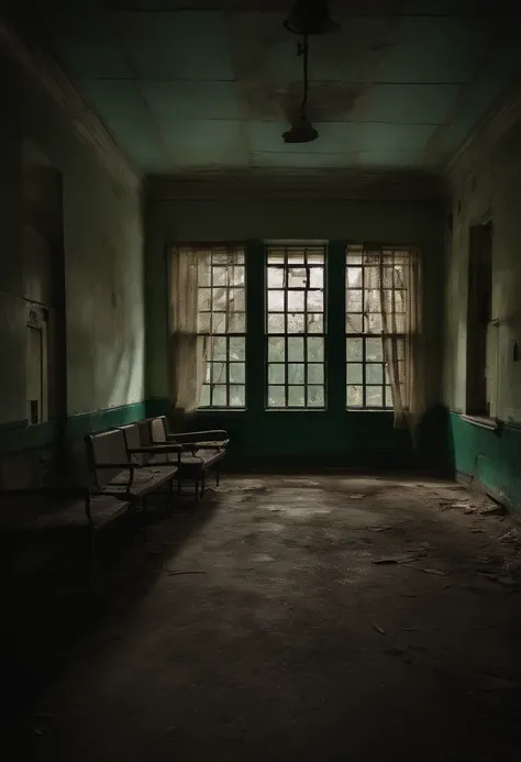 An abandoned asylum, shattered windows, and flickering lights, ghosts of former patients lingering in the dark corridors, the atmosphere is unsettling and oppressive, Photography, with a prime lens (50mm), focusing on the claustrophobic ambiance, --ar 16:9...