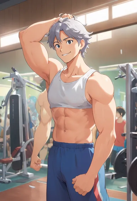 um personagem masculino, sem camisa de cabelo branco, Doing Arm Pose in the Gym, Sweating a lot with a smiling expression and in front of the mirror colorful photo animation