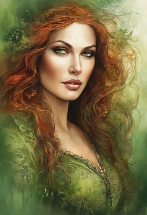 (Masterpiece, Top Quality, Best Quality, official arts, beautiful and aesthetic:1.2), Girl, Detailed Face, Monica Bellucci, Long curly scarlet hair, Green eyes, full - body, green shirt, corset, celestial, hunter, extremely beautiful, higly detailed, (Fire...