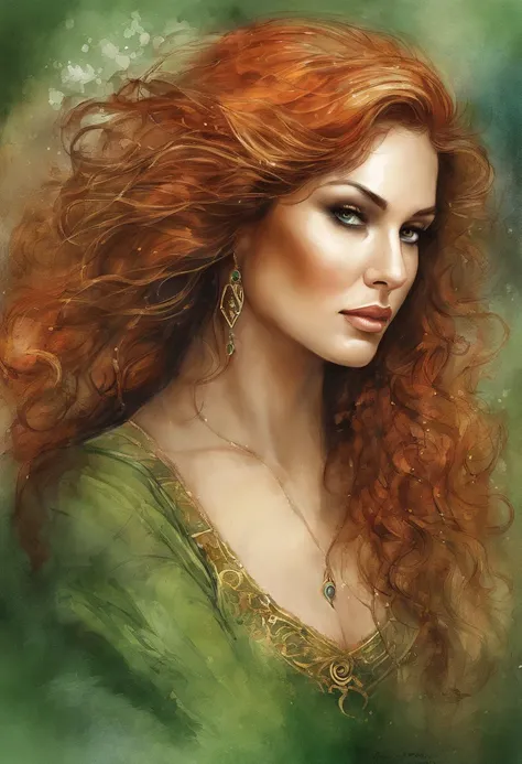 (Masterpiece, Top Quality, Best Quality, official arts, beautiful and aesthetic:1.2), Girl, Detailed Face, Monica Bellucci, Long curly scarlet hair, Green eyes, full - body, green shirt, corset, celestial, hunter, extremely beautiful, higly detailed, (Fire...