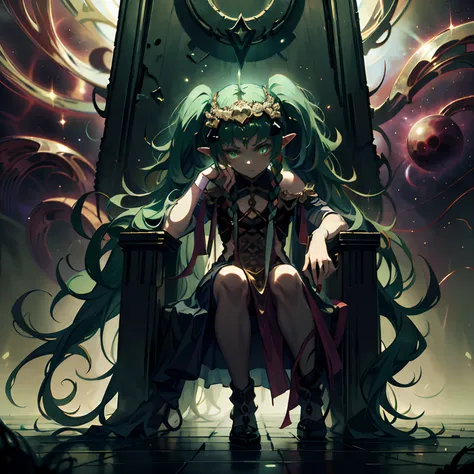 sothis, green twintails, serious face, eldritch, dark glow, sitting on a stome throne, glowing eyes, eldritchtech
cosmic, dark e...