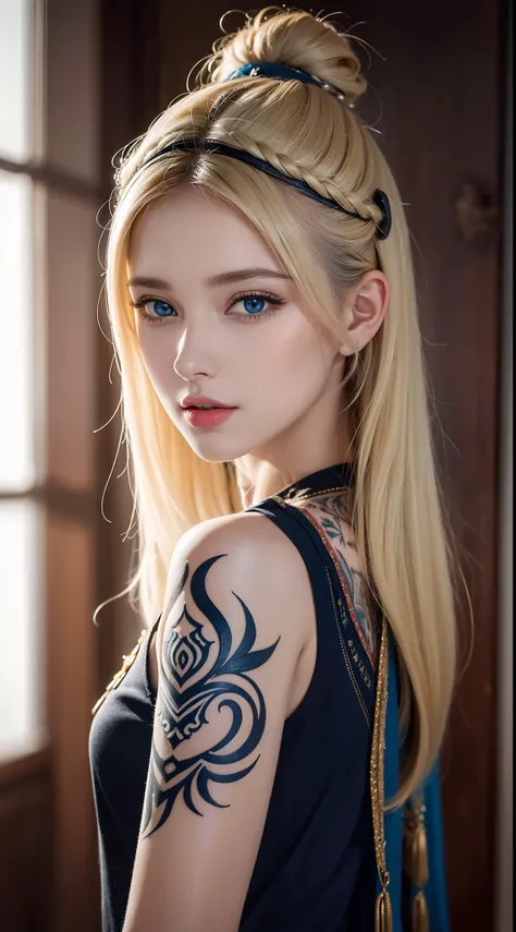 Let our AI platform take you on a journey through the world of art and beauty, with an extremely detailed 8k rendering of a Pakistani woman. Marvel at the intricate details in her tattoos and the lifelike quality of her blonde hair and blue eyes.