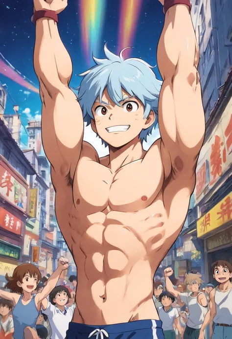 omem de anime em uma academia com um dumbble e um sorriso, musculoso!!, musculoso!, musculoso!!!, musculoso! Branco, Kaworu Nagisa, muscular character, showing off his muscles, em uma academia, homem bonito anime, Posar(arms up + Feliz), one muscle, muscul...