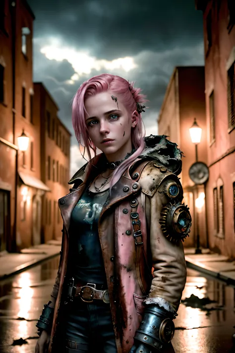 masterpiece, ultra detailed, 8K, Raw photo, Realistic light, Cinematic composition, skyscape with clouds,  full colours nightfall, depth of field, 35 mm, postapocalyptic aura, steampunk aesthetic, 18 years old cute woman, on the ruined street, (torn dirty ...