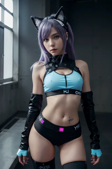 A futuristic vocaloid inspired wolf girl. She is wearing a y2k grunge inspired outfit and a white and black cross sports bra with futuristic elements. Her main color is a light purple with an accent of light blue.