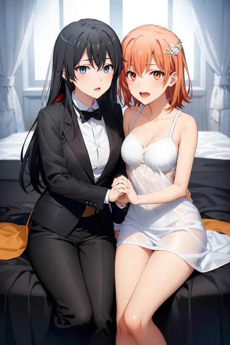 2 girls, Yuri, Yukinoshita Yukino in a black tuxedo suit and jeans marries her wedding Yogahama Yui with short orange hair in a wedding dress, Lesbian Wedding, For females only