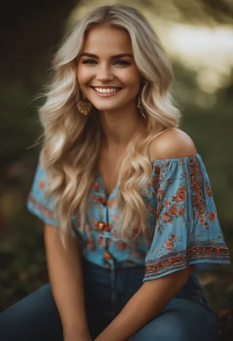 blonde girl looking reality, on clothes, beautiful smile