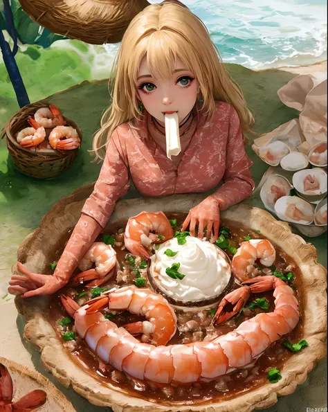 Shrimp Cameo,  mulher, comendo, praia