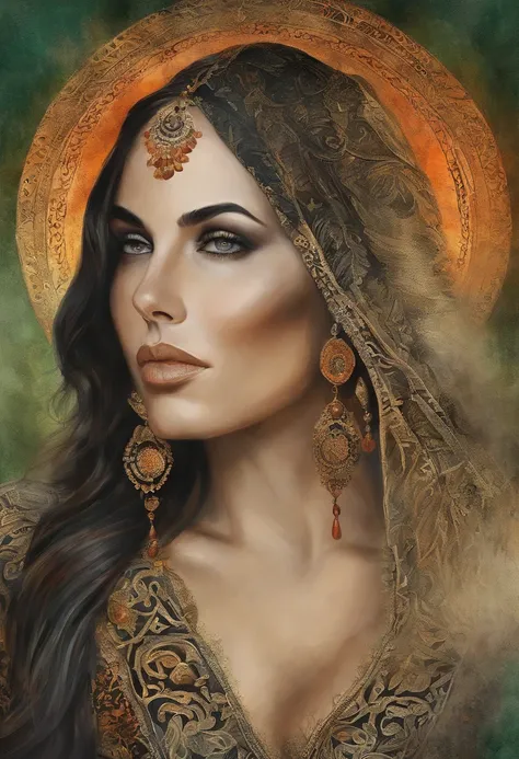 (Masterpiece, Top Quality, Best Quality, official arts, beautiful and aesthetic:1.2), Girl, Detailed Face, Monica Bellucci, long dark hair, Green eyes, full - body, Black dress with flame, witchy, extremely beautiful, higly detailed, (Fire in the backgroun...