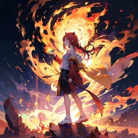 ｛1girll，独奏｝ （She stands in the middle of the desert），（Look into the distance），The wind ruffled her long hair，Her clothes also fluttered in the wind，She was expressionless，But there was determination and bravery in her eyes，（Long fiery red hair：1.2），Long ha...